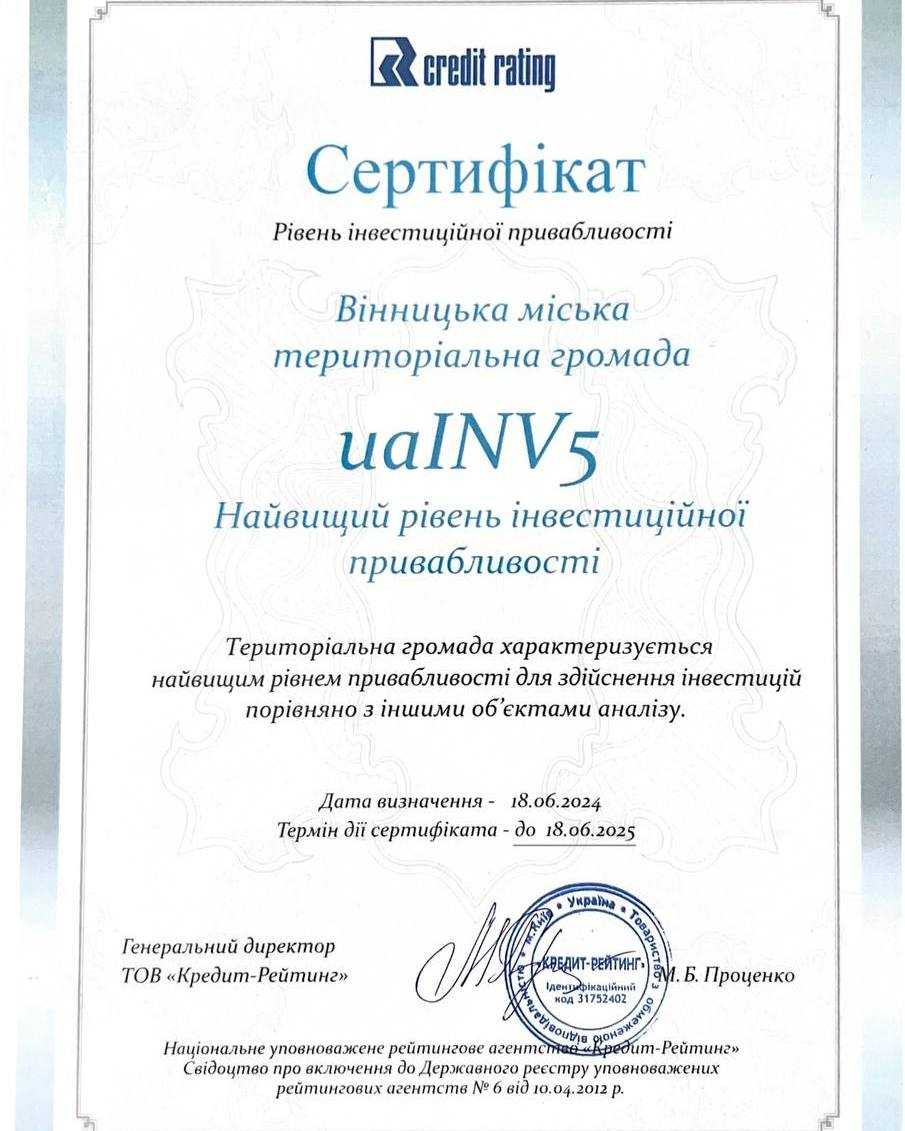 Вінниця підтвердила найвищий рейтинг інвестиційної привабливості